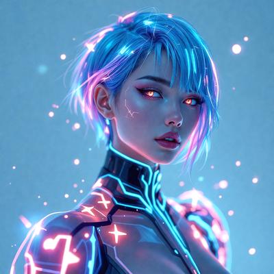 The primary subject of the image is a woman with blue hair, wearing a futuristic outfit. She is the main focus of the image. The setting is a futuristic environment, possibly a digital art or illustration. The visual style is a combination of photo and digital art, creating a unique and eye-catching image. The colors and mood are predominantly blue, giving the image a cool and futuristic atmosphere.